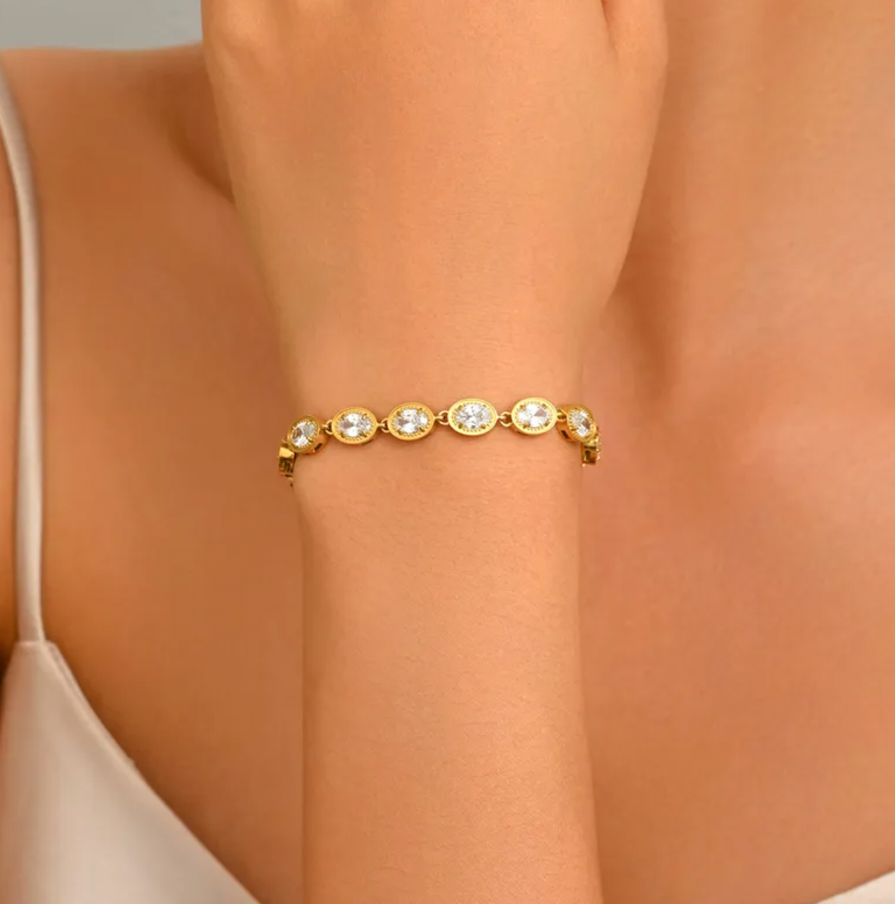 Asymmetrical Oval Zircon 304 Stainless Steel Bracelet for Women