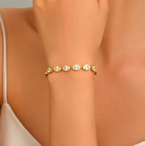 Asymmetrical Oval Zircon 304 Stainless Steel Bracelet for Women